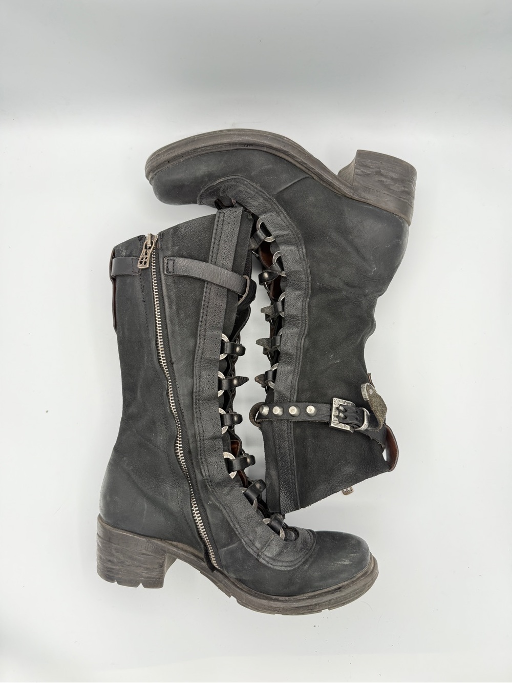 A.S.  98 Bardo Tall Black Buckle Boots Grunge Goth Leather Combat Biker - Picture 5 of 9